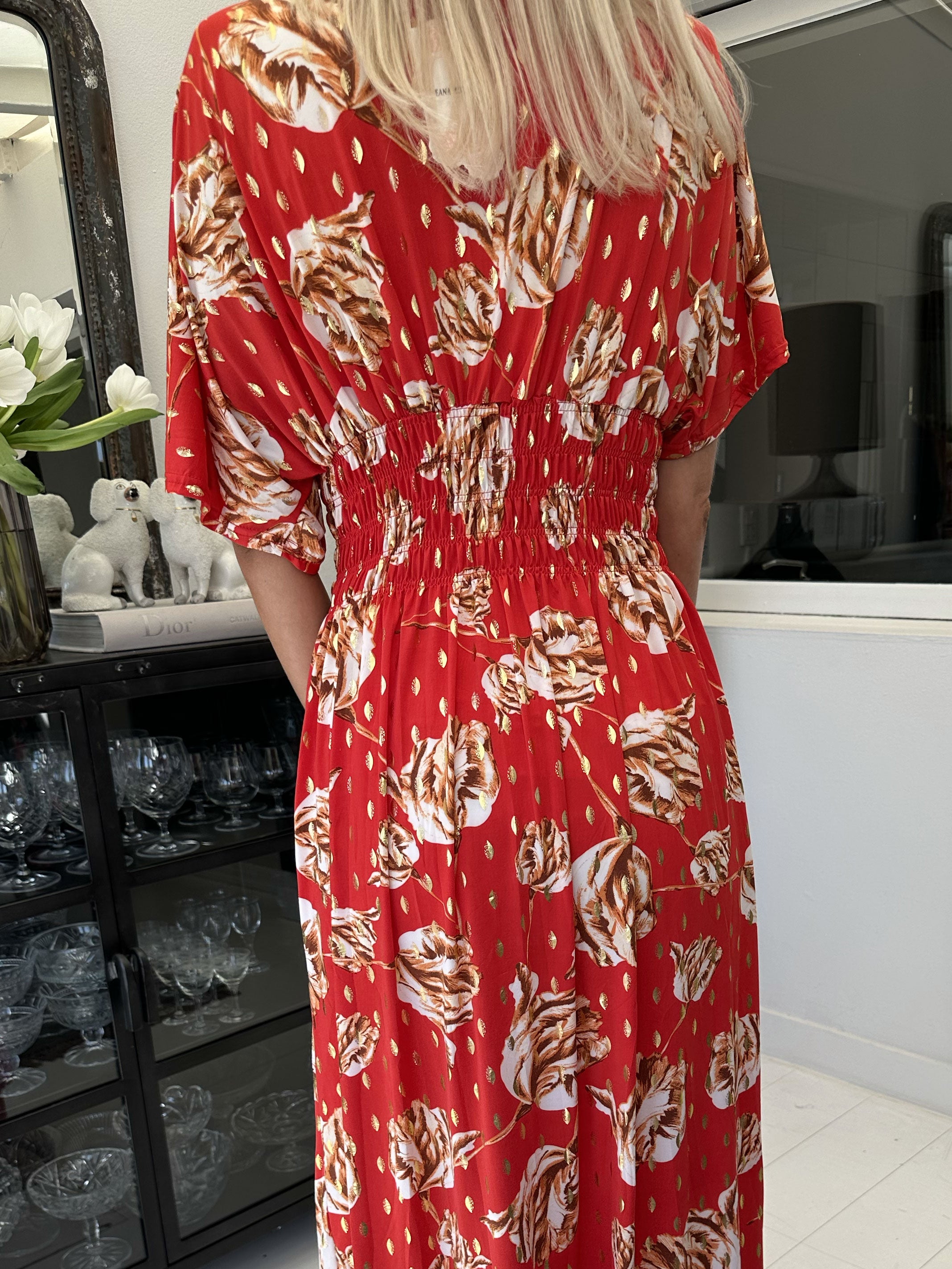 Pams Rose - Lang elastisk kjole i krølfrit stof